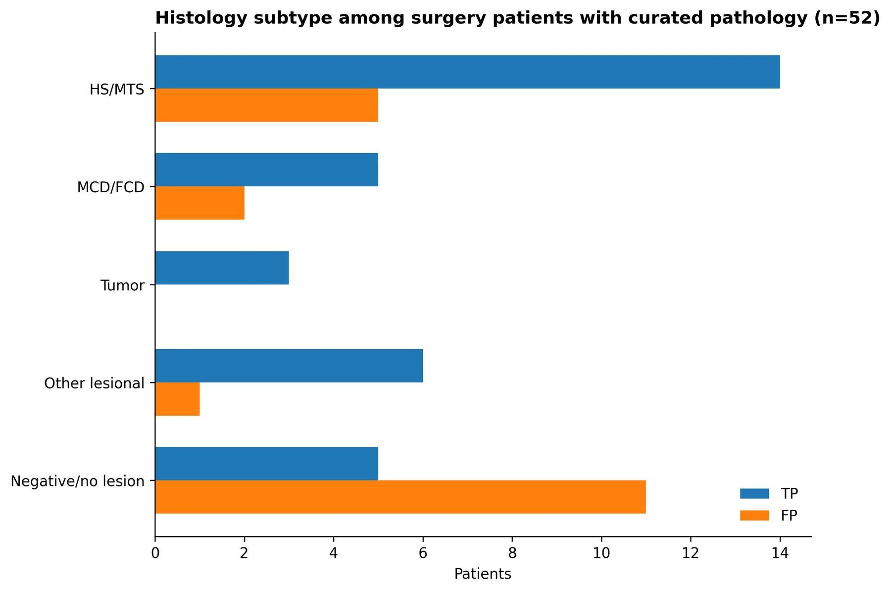 Histology subtype counts among high-score true-positive and false-positive surgery cases
